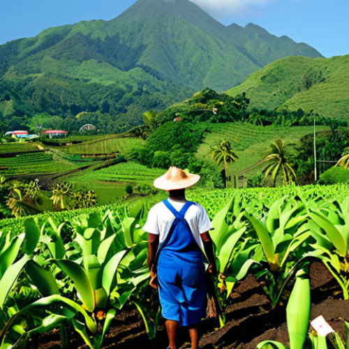 **

A vibrant scene depicting a Dominica farmer tending to a lush banana plantation, fully clothed in appropriate farming attire. The background showcases the island's natural beauty with rolling hills and a clear blue sky. Image should convey sustainable farming practices and the island's agricultural potential. safe for work, appropriate content, professional, modest, perfect anatomy, correct proportions, natural pose, well-formed hands, proper finger count, natural body proportions.

**