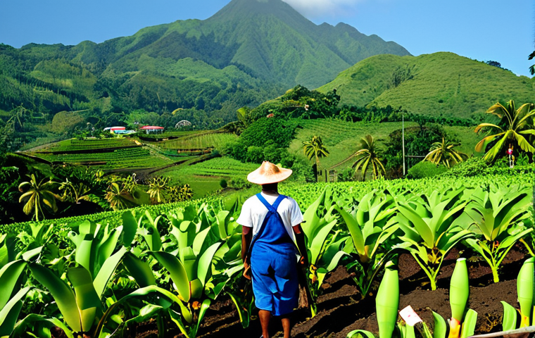 **
A vibrant scene depicting a Dominica farmer tending to a lush banana plantation, fully clothed in appropriate farming attire. The background showcases the island's natural beauty with rolling hills and a clear blue sky. Image should convey sustainable farming practices and the island's agricultural potential. safe for work, appropriate content, professional, modest, perfect anatomy, correct proportions, natural pose, well-formed hands, proper finger count, natural body proportions.
**