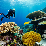 **

"A vibrant coral reef ecosystem in Dominica, showcasing diverse marine life, including colorful fish, crabs, and sea stars, fully clothed scuba divers exploring the reef in the background, safe for work, appropriate content, professional underwater photography, perfect anatomy, correct proportions, natural pose, high quality, family-friendly, bright and colorful."

**