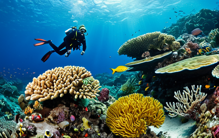 **
"A vibrant coral reef ecosystem in Dominica, showcasing diverse marine life, including colorful fish, crabs, and sea stars, fully clothed scuba divers exploring the reef in the background, safe for work, appropriate content, professional underwater photography, perfect anatomy, correct proportions, natural pose, high quality, family-friendly, bright and colorful."
**