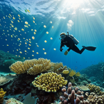 Diving in Champagne Reef**

"Underwater scene at Champagne Reef, Dominica. A fully clothed scuba diver explores the vibrant coral reef, with bubbles rising from the seabed. Tropical fish swim around the diver. Crystal clear water, sunlight filtering through. Safe for work, appropriate content, underwater photography, perfect anatomy, natural pose, professional quality."

**