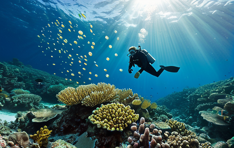 Diving in Champagne Reef**
"Underwater scene at Champagne Reef, Dominica. A fully clothed scuba diver explores the vibrant coral reef, with bubbles rising from the seabed. Tropical fish swim around the diver. Crystal clear water, sunlight filtering through. Safe for work, appropriate content, underwater photography, perfect anatomy, natural pose, professional quality."
**